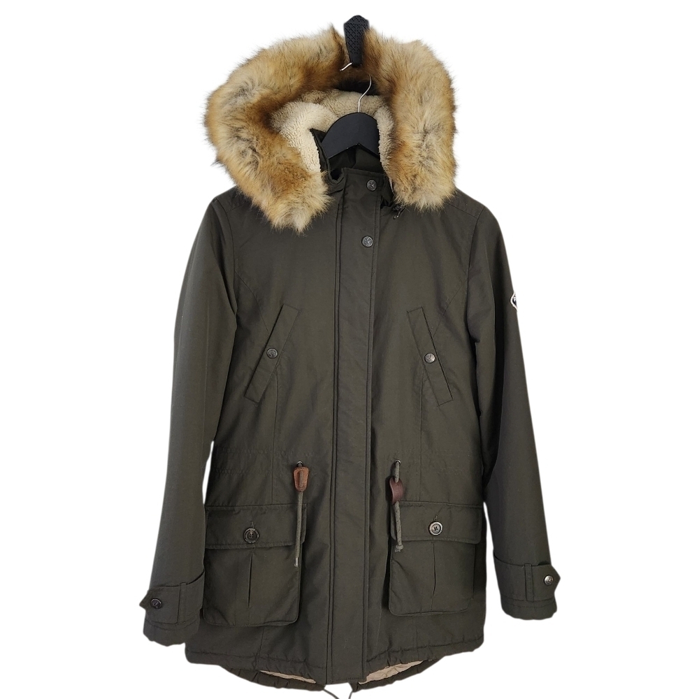 PUFFA Olive Green Faux-Fur Trim Parka Coat small